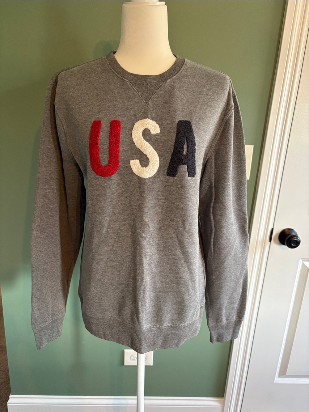 Old Navy Gray Crewneck Sweater with Red White Navy 'USA' Letters